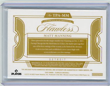 Matt Manning - 2022 Panini Flawless Rookie Patch Auto 11/20 Red TPA-MM