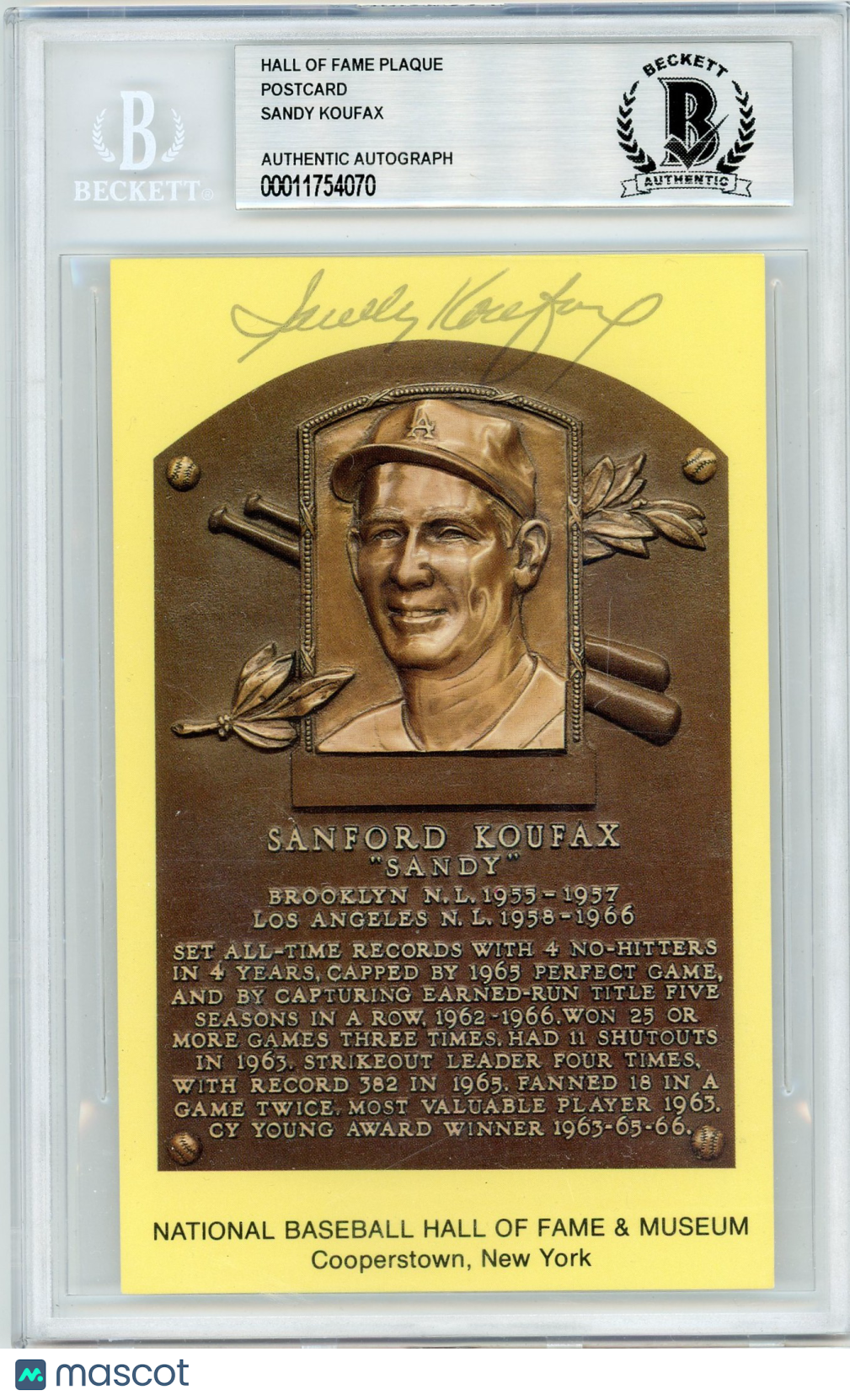 Sandy Koufax - National Baseball Hall of Fame Plaque Postcard 1972 Auth Auto BAS