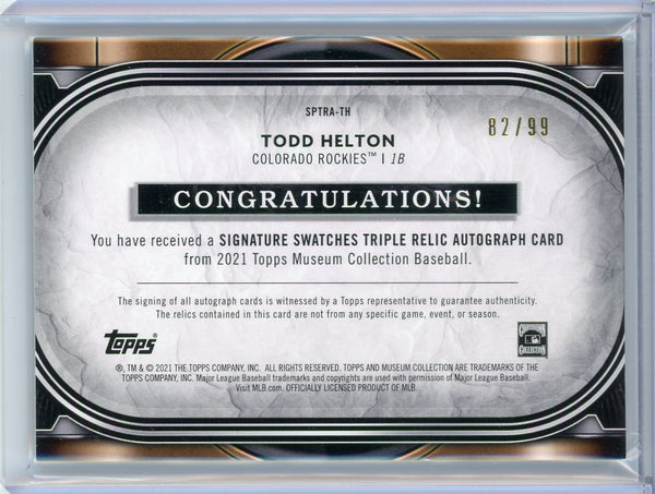 Todd Helton - 2021 Topps Museum Collection Auto 82/99 Triple Relic SPTRA-TH