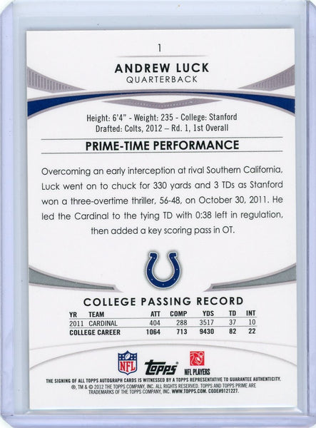 Andrew Luck - 2012 Topps Prime Rookie Auto Gold Jersey # 12/75 #1 Colts