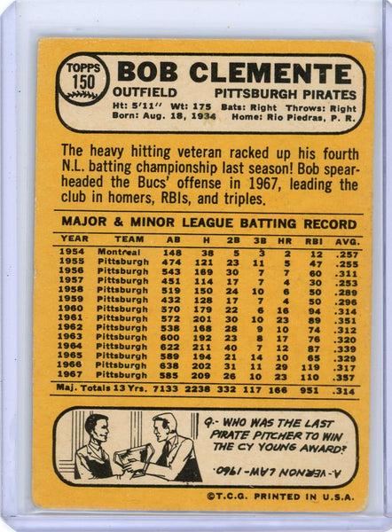 Bob Clemente - 1968 Topps Baseball #150 Pirates
