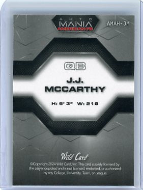J.J. McCarthy - 2024 Wild Card Auto Mania 1/1 Rookie AMAH-JM