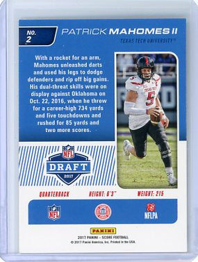 Patrick Mahomes II - 2017 Panini Score NFL Draft Rookie #2 Chiefs