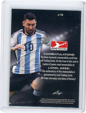 Lionel Messi - 2023 Leaf Goal Soccer Jersey Patch Game Used J-10 Argentina