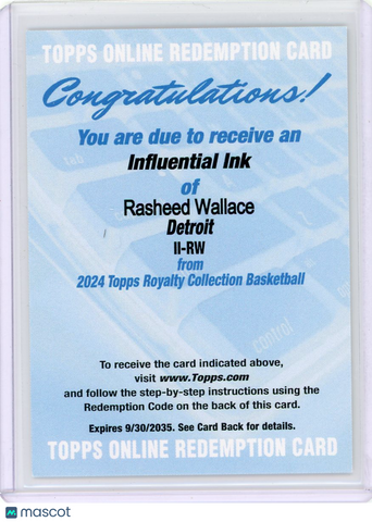 Rasheed Wallace - 2024 Topps Royalty Collection Basketball Influential Ink Auto