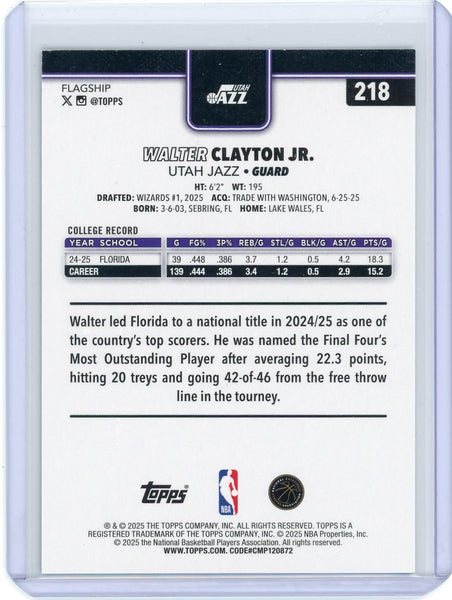 Walter Clayton Jr. - 2025 Topps Flagship Basketball Black Rookie 06/68 #218