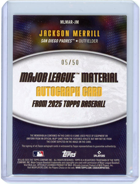 Jackson Merrill - 2025 Topps Major League Material Auto Autograph 05/50 MLMAR-JM