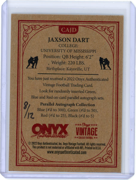 Jaxson Dart - 2022 Onyx Vintage College Football Rookie Auto Inscription 8/12