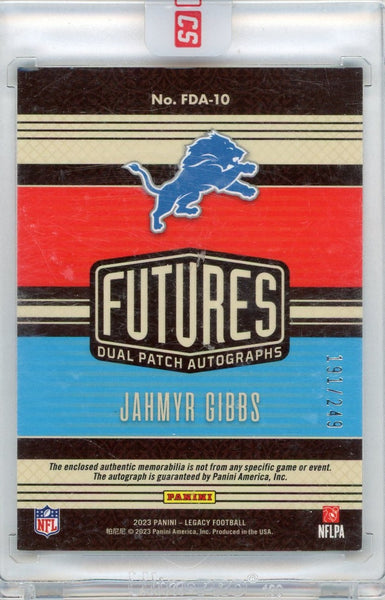 Jahmyr Gibbs - 2023 Panini Legacy Futures Dual Patch Auto RC Memorabilia 191/249
