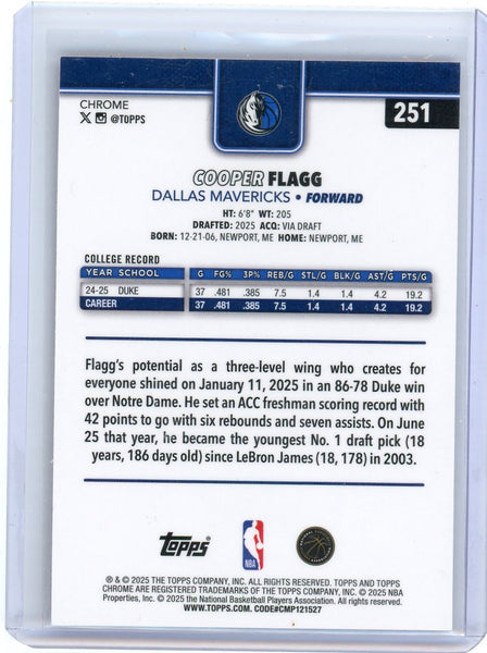 Cooper Flagg - 2025 Topps Chrome Magenta Refractor Rookie Card /399 #251