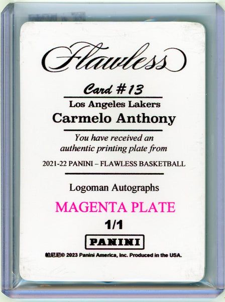 Carmelo Anthony - 2021 Panini Flawless NBA Magenta 1/1 Printing Plate Logoman
