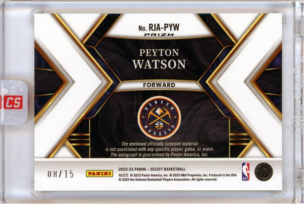 Peyton Watson - 2023 Panini Select Prizm Purple 08/15 Patch Rookie Auto FOTL