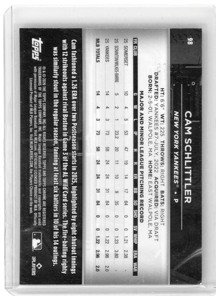 Cam Schlittler - 2026 Topps Chrome Black Purple Refractor Rookie /75