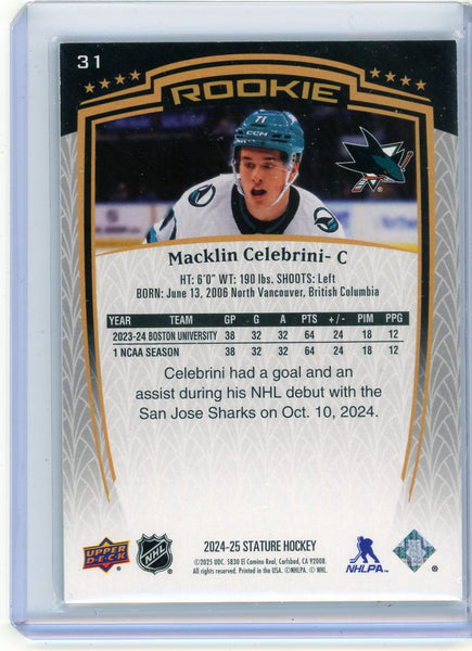 Macklin Celebrini - 2025 Upper Deck Stature Rookie 406/999