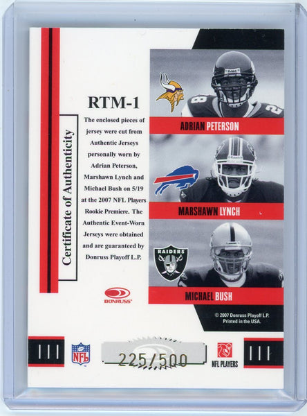 Adrian Peterson/Bush/Lynch - 2007 Donruss Threads Rookie Triple Jersey 225/500