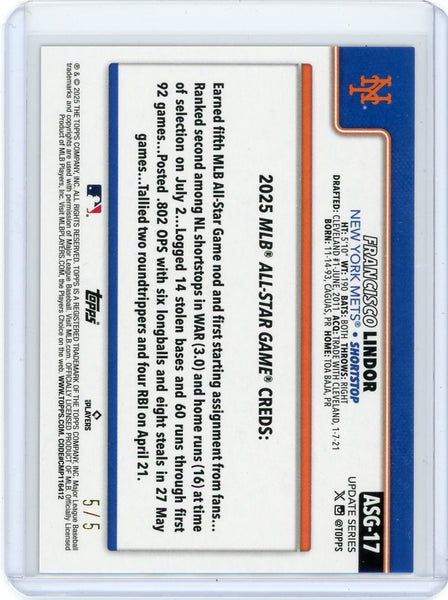 Francisco Lindor - 2025 Topps Update Series Red All Star ASG-17 5/5