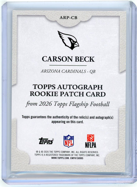 Carson Beck - 2026 Topps Flagship Rookie Patch Auto 96/99 Cardinals