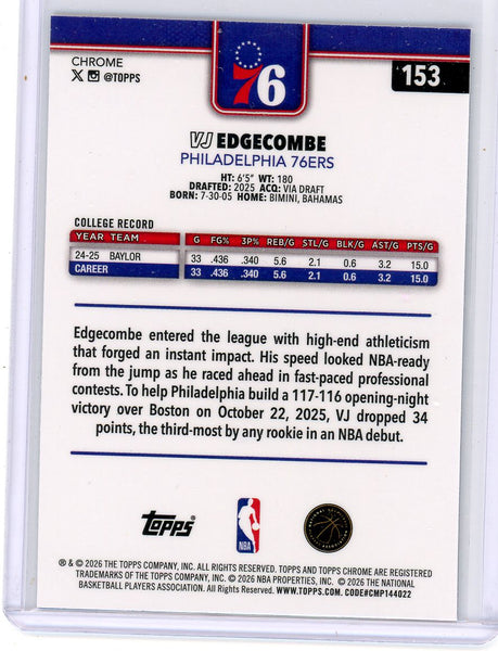 VJ Edgecombe - 2025 Topps Chrome Update Rookie Purple Wave /75 #153