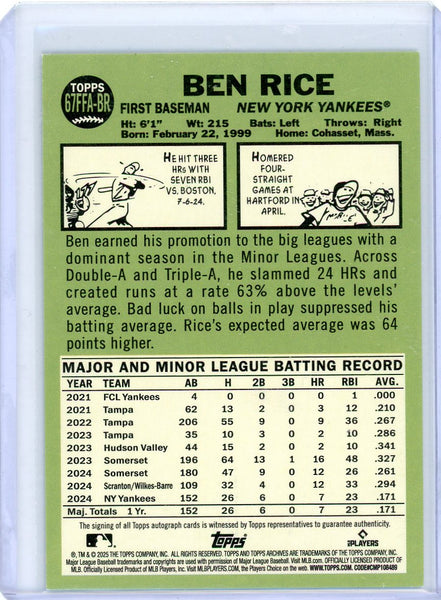 Ben Rice - 2025 Topps Archives Signature Series Auto Green 18/99 RC