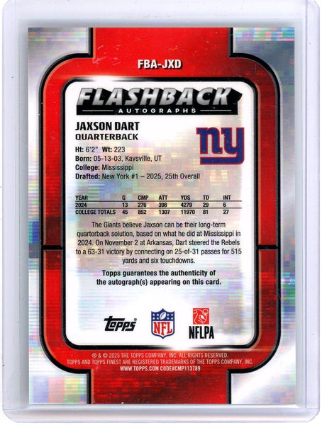 Jaxson Dart - 2025 Topps Finest Flashback Autographs Orange RC 17/25