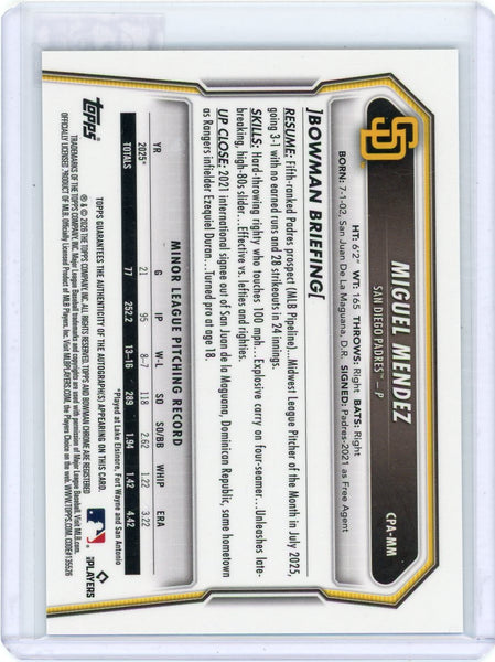 Miguel Mendez - 2026 Bowman Chrome 1st Auto Topps Black XFractor 03/10 CPA-MM