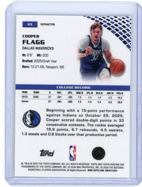 Cooper Flagg - 2025-26 Topps Pristine Basketball Rookie Refractor #111 Mavs (A)
