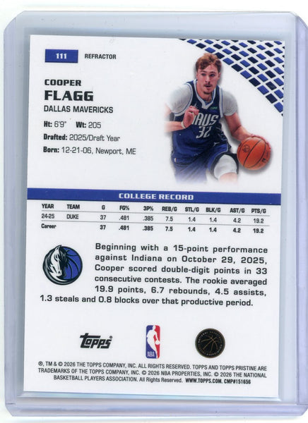 Cooper Flagg - 2025-26 Topps Pristine Basketball Rookie Refractor #111 Mavs (B)