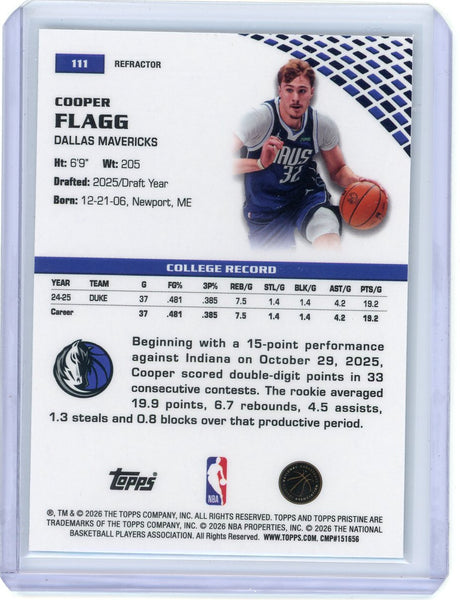Cooper Flagg - 2025-26 Topps Pristine Basketball Rookie Refractor #111 Mavs (C)