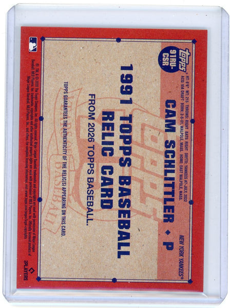 Cam Schlittler 2026 Topps Baseball Rookie 1991 Relic Memorabilia Jersey 91RU-CSR