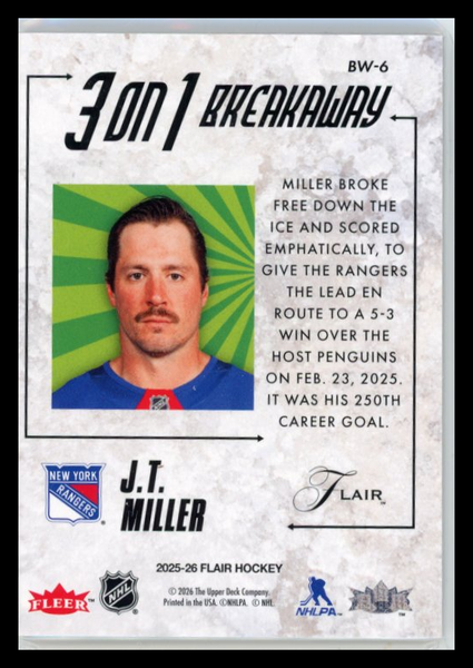 J.T. Miller - 2025-26 Flair Hockey 3 on 1 Breakaway Upper Deck