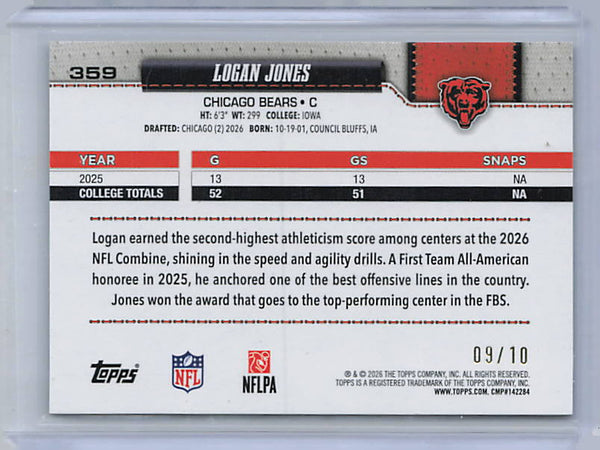 Logan Jones - 2026 Topps Football Black Pigskin /10 Rookie