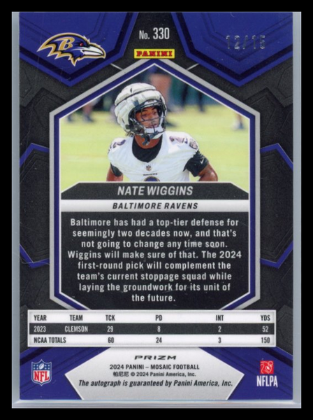 Nate Wiggins - 2024 Panini Mosaic Football Green Swirl Rookie Auto /15