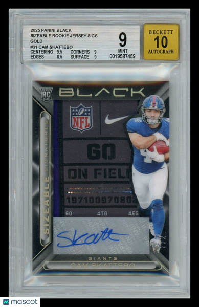 Cam Skattebo - 2025 Panini Black Rookie Patch Auto Laundry Tag 2/2 BGS 9 10
