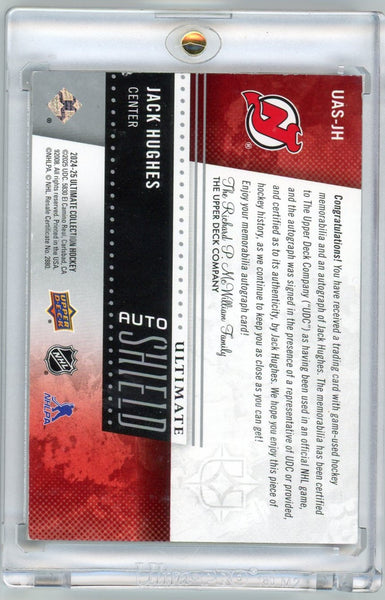 Jack Hughes - 2024 Upper Deck Ultimate Collection Game Used NHL Shield Auto 1/1