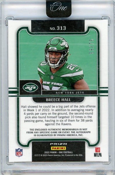 Breece Hall - 2023 Panini One Prizm Blue Autograph Patch Rookie RC 59/75