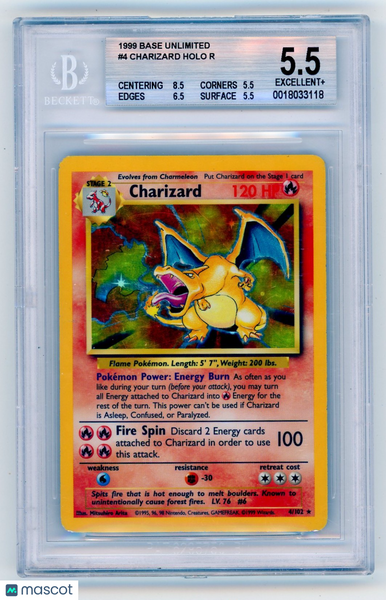 Charizard HOLO R - 1999 Pokemon Base Unlimited BGS Beckett 5.5 Excellent+ 4/102