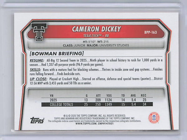 Cameron Dickey - 2026 Bowman U Orange Paper /25