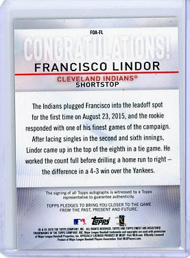 Francisco Lindor - 2016 Topps Finest Gold Refractor Auto Origins 18/50 FOA-FL