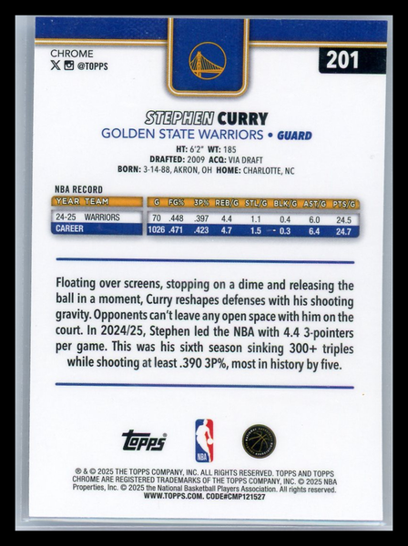 Stephen Curry - 2025 Topps Chrome Purple Refractor /75 #201