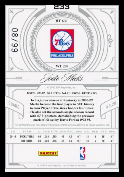 Jodie Meeks - 2010 Panini National Treasures Autograph Patch Rookie /99