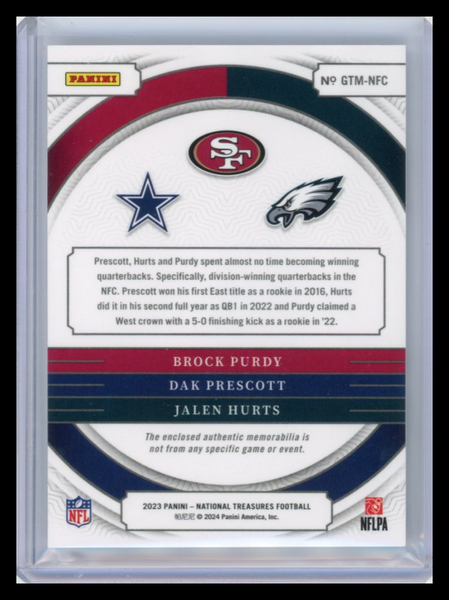 Jalen Hurts Brock Purdy Dak Prescott - 2024 National Treasures  Jersey /99