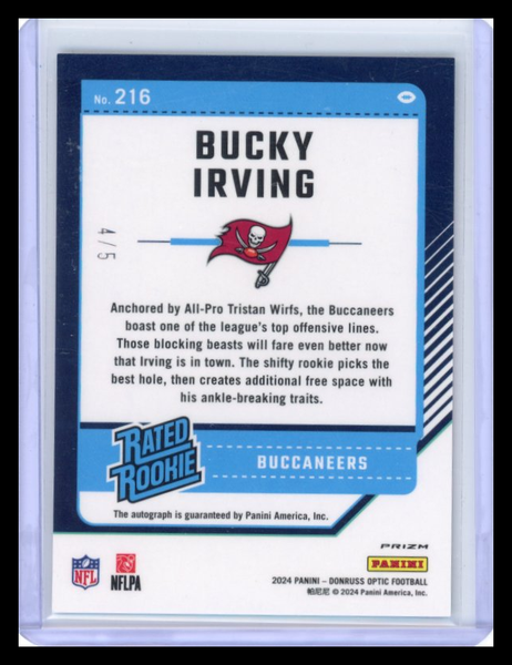 Bucky Irving - 2024 Panini Donruss Optic Football Green Rookie Auto 4/5