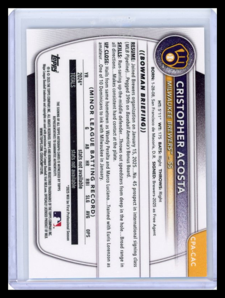 Cristopher Acosta - 2025 Bowman Chrome Topps Refractor Choice Autograph 045/150
