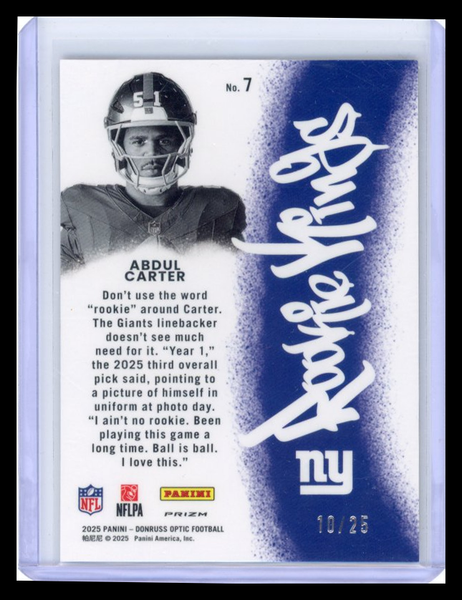 Abdul Carter - 2025 Panini Donruss Optic Rookie Kings Black Pandora /25