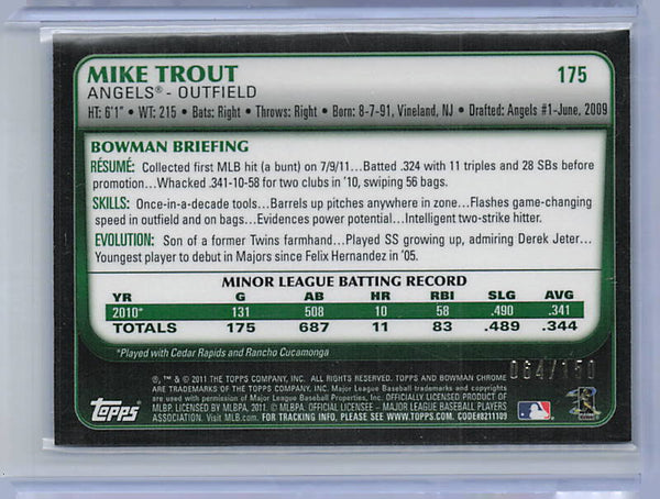 Mike Trout - 2011 Bowman Chrome Blue Refractor Rookie /150