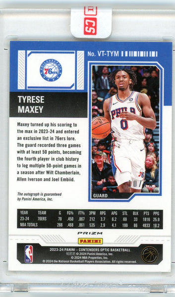Tyrese Maxey - 2024 Panini Contenders Optic Prizm Gold Scopes Auto 10/10