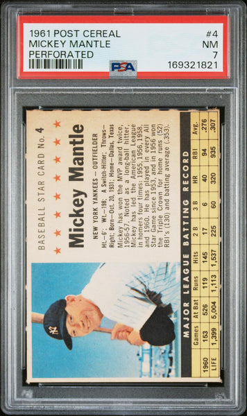 Mickey Mantle - 1961 Post Cereal Perforated #4 PSA 7