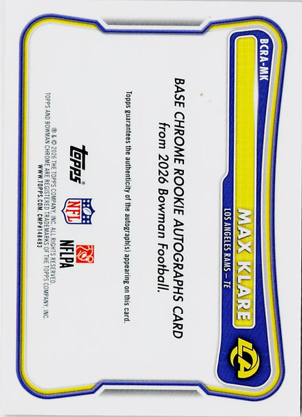 Max Klare - 2026 Bowman #BCRA-MK Chrome Rookie Autographs Gold Refractor #/50