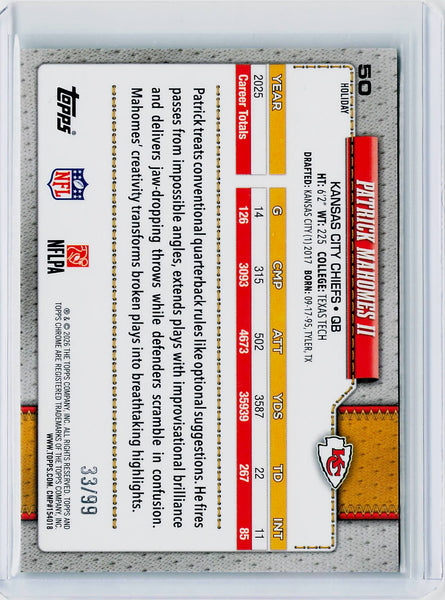 Patrick Mahomes II - 2026 Topps Holiday #50 Chrome Green Sparkle Refractor #/99
