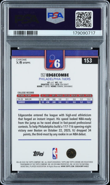 Vj Edgecombe - 2025 Topps Chrome Update #153 Image Var-Orange Speckle PSA 9